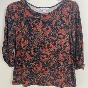 Liz Claiborne Navy & Orange Paisley 3/4 Length Sleeve Top size medium